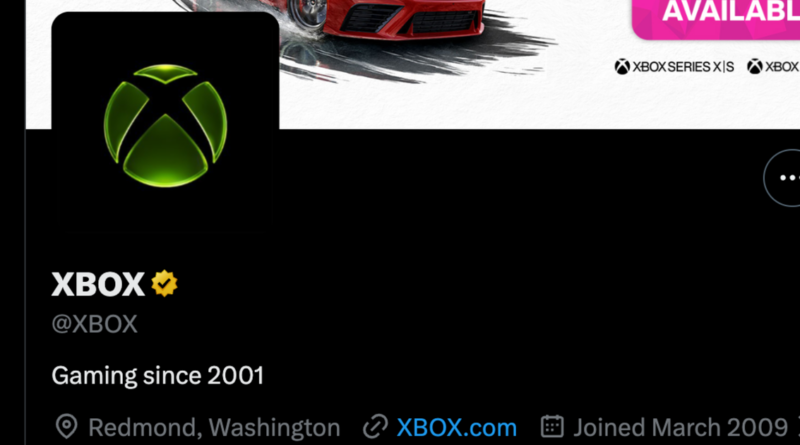 Xbox official profile header showing a green Xbox logo, display name XBOX, handle @XBOX, bio 'Gaming since 2001', located Redmond, WA, link XBOX.com, joined March 2009