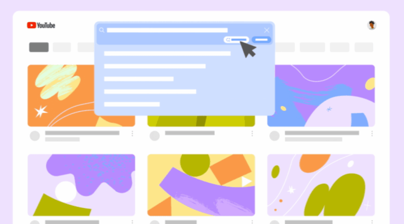YouTube-like homepage with colorful video thumbnails and a large blue search/popup window overlay in the center.