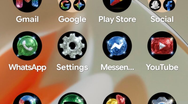 Smartphone home screen showing glittery disco-ball style icons for Gmail, Google, Play Store, Social, WhatsApp, Settings, Messenger, YouTube, Maps, Spotify, Photos, and Camera.