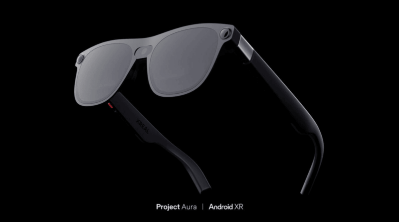Sunglasses-style augmented reality glasses on a black background, labeled 'Project Aura | Android XR'.