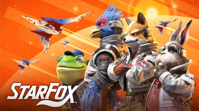 Star Fox team members in space pilot suits pose with fighter jets against an orange background; Star Fox logo.
