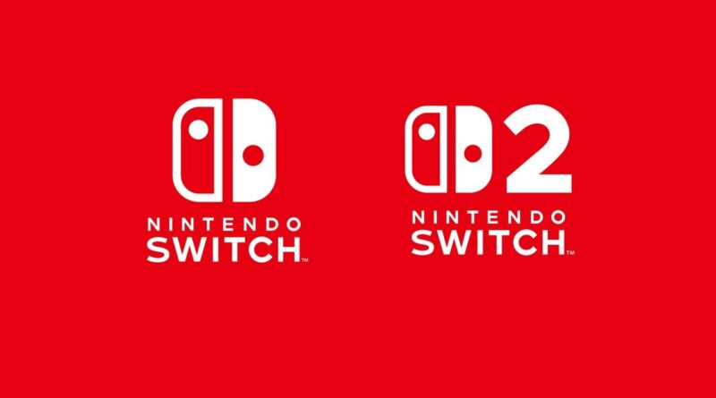 Two white Nintendo Switch logos on a red background, side by side; left is the original Switch, right shows 'Switch 2' with the same text beneath.
