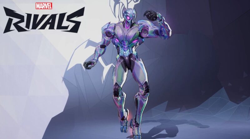 Promotional banner for Marvel Rivals showing a sleek, cybernetic hero in purple armor on a cool, geometric backdrop.