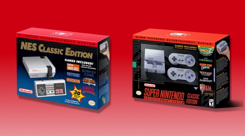 Two boxed mini classic consoles (NES on left, SNES on right) set against a red gradient backdrop, showing the packaging and included games.