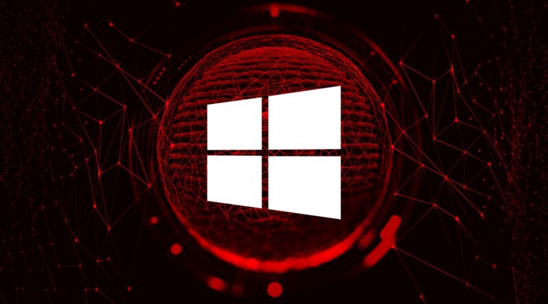 White Windows logo centered on a red, futuristic digital network background.