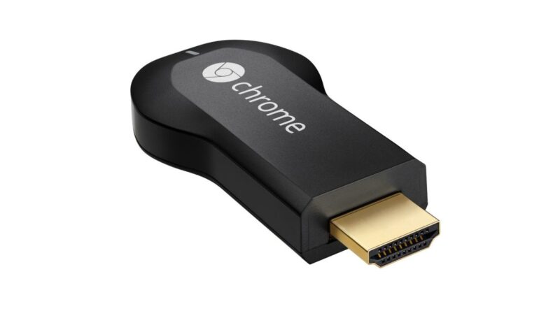 Black HDMI dongle with a gold-plated HDMI connector and chrome branding on top