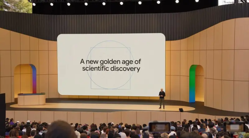 Speaker on stage presenting a slide that says 'A new golden age of scientific discovery' to a large audience.