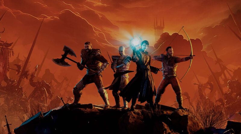 Four armored warriors stand on a rocky hill in a fiery battleground, one casting a glowing spell while others wield axes, swords, and a bow.