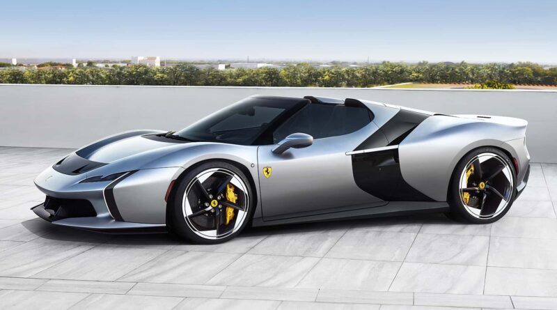 Side view of a sleek silver Ferrari sports car with black accents and yellow brake calipers parked on a rooftop terrace.