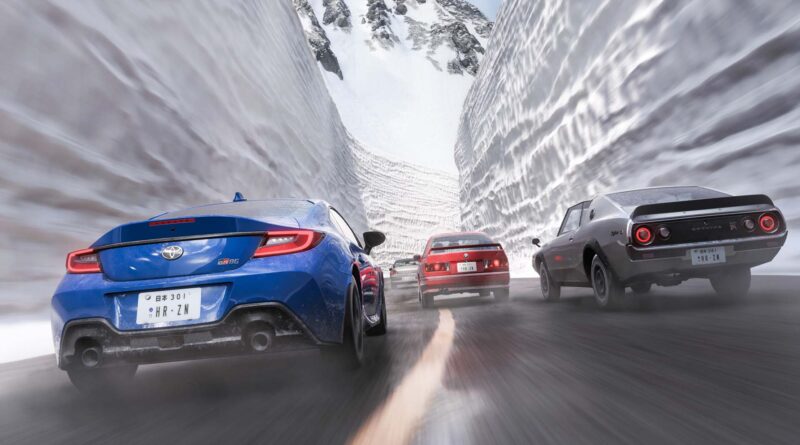 Blue Toyota and several sports cars sprint through a narrow, snow-filled canyon with towering ice walls on both sides.