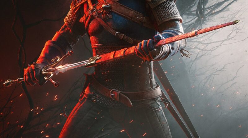 Armored fantasy warrior grips a glowing red sword amid a smoky, ember-lit battleground setting.