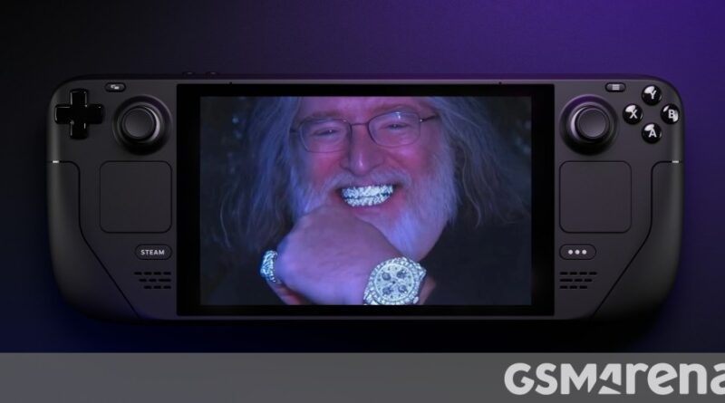 Handheld game console displaying a video of a smiling bearded man wearing diamond jewelry on the screen.