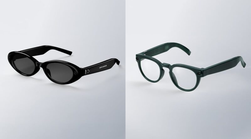 Split image showing black wraparound sunglasses on the left and dark green round-frame eyeglasses on the right on a light backdrop.