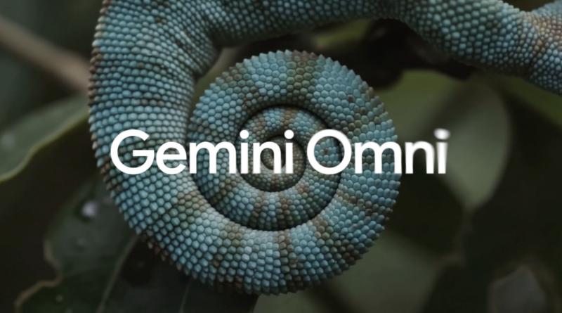 Coiled blue-green snake scales with the text 'Gemini Omni' overlaid in the center
