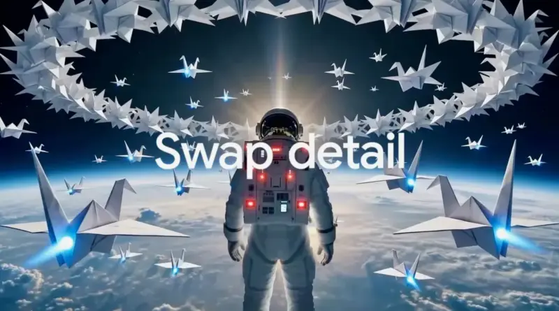 Astronaut in a spacesuit floating above Earth, illuminated from behind, encircled by white origami birds with the words 'Swap detail' overlaid.