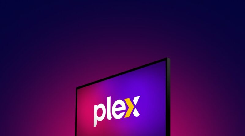 Plex logo on a tilted monitor with a pink-to-purple glow background.