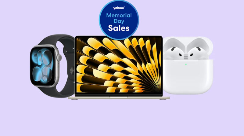 Yahoo Memorial Day Sales banner with a smartwatch, laptop, and wireless earbuds on a lavender background.
