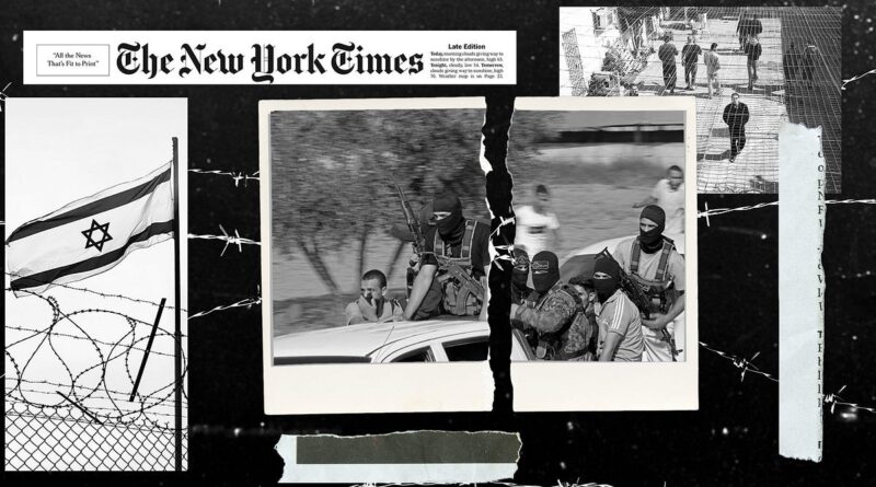 Collage showing masked gunmen around a car, torn photos, barbed wire, and a flag, conveying a scene of conflict and violence.