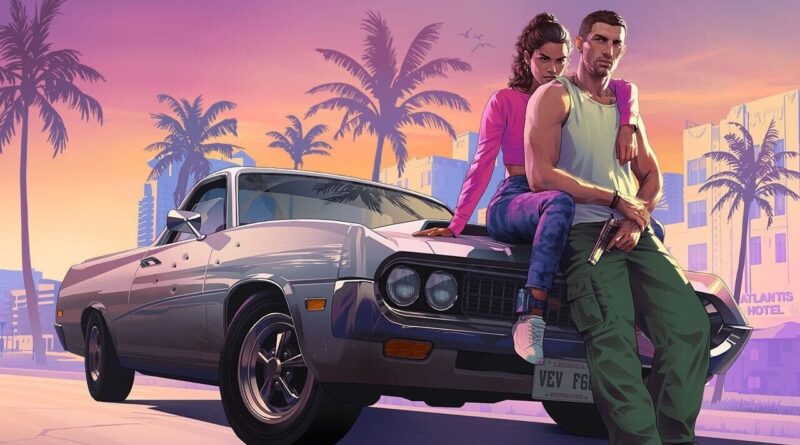Two people sit on the hood of a vintage gray car at sunset among palm trees in a tropical city scene.