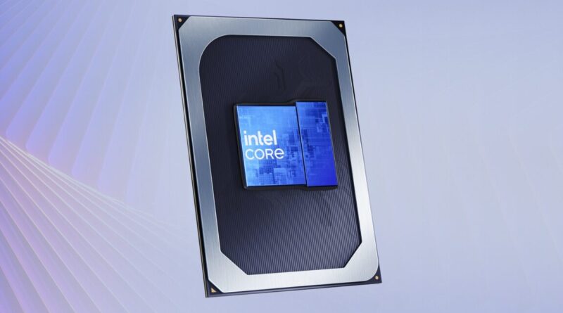 Close-up of an Intel Core processor mounted in a metal socket against a light blue background.