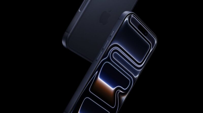 Close-up of a dark Apple iPhone angled against a black background, with a glowing layered screen design visible on the display area.