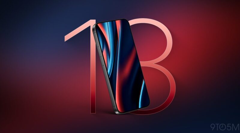Slim smartphone leaning against a large pink numeral 13 on a dark blue–red gradient background, highlighting the device showcasing a vivid screen edge.