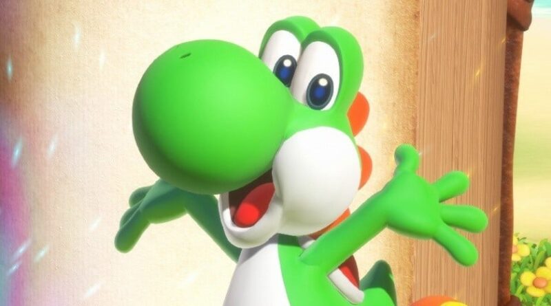 Green Yoshi character with wide eyes and open arms, smiling at the camera.
