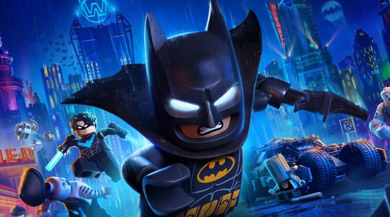 LEGO Batman in a dynamic front-and-center pose, cape flowing, racing through a neon blue city with Robin in pursuit behind him.