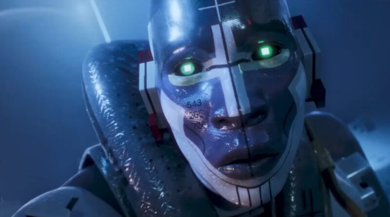 Close-up of a humanoid robot underwater, wearing a helmet with white panels and blue seams, glowing green eyes.