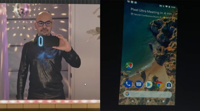 Left: a man in a black leather shirt takes a mirror selfie with a smartphone, disco ball reflections visible in the background. Right: a smartphone displaying its home screen with Maps, Google apps, and a scenic wallpaper.