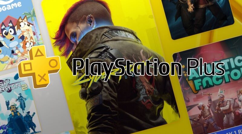 PlayStation Plus promotional banner with a person in a black jacket against a bright yellow backdrop and game cover art around the edges.