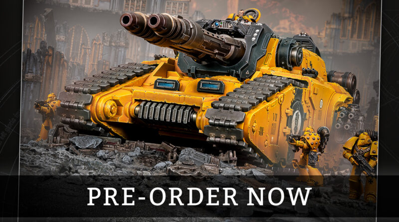 Promotional image of a heavy yellow tank with crews on a ruined battlefield and a black 'PRE-ORDER NOW' banner across the bottom.