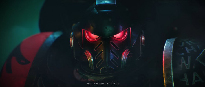 Close-up of a futuristic helmet with glowing red eyes and neon vents in a dark, moody scene.