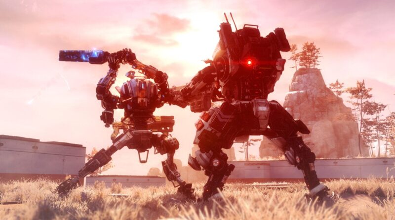 Two large battle mechs clash in a dusty field at sunset, one with a glowing red eye and glowing weapon fire.