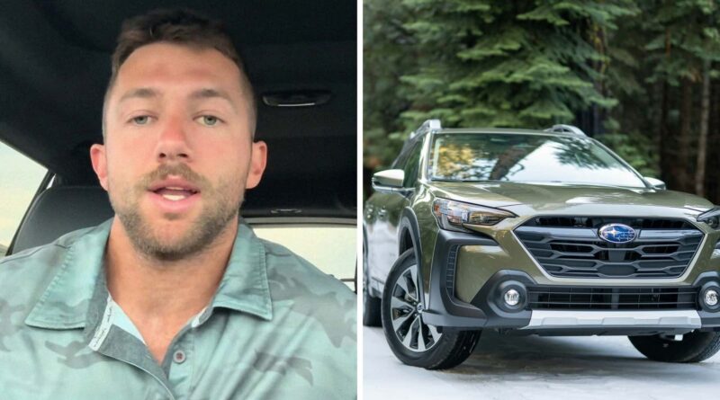 Two-panel collage: man speaking inside a car on the left; a green Subaru SUV parked outdoors on the right.