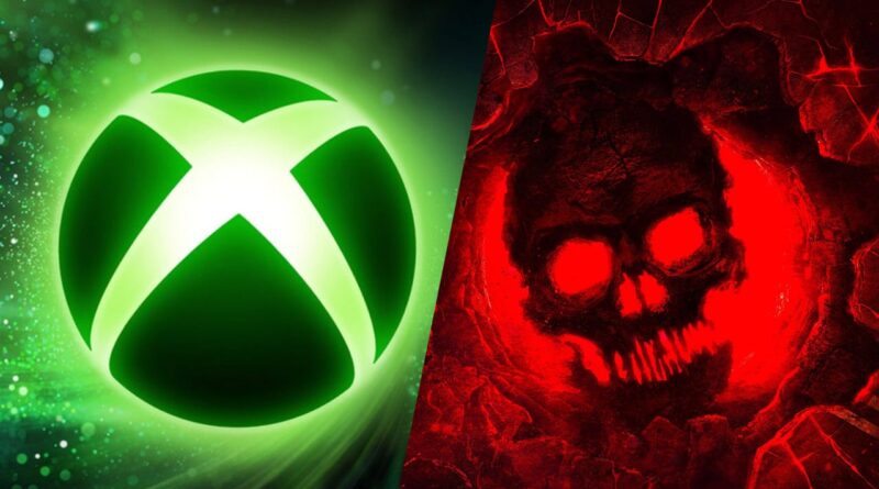 Split image: left side shows a glowing green Xbox logo; right side shows a red skull in a fiery rocky scene.