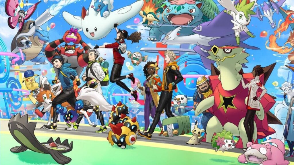 Group of Pokémon trainers and their Pokémon marching and posing in a colorful stadium scene.