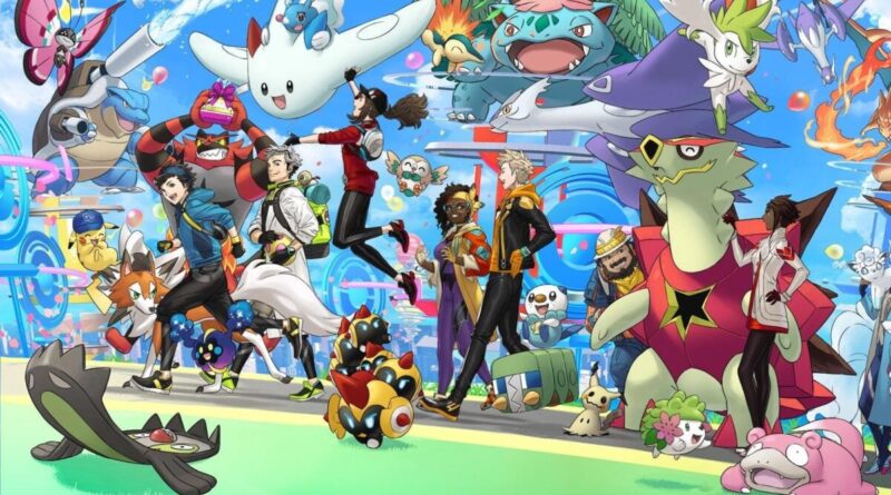 Group of Pokémon trainers and their Pokémon marching and posing in a colorful stadium scene.