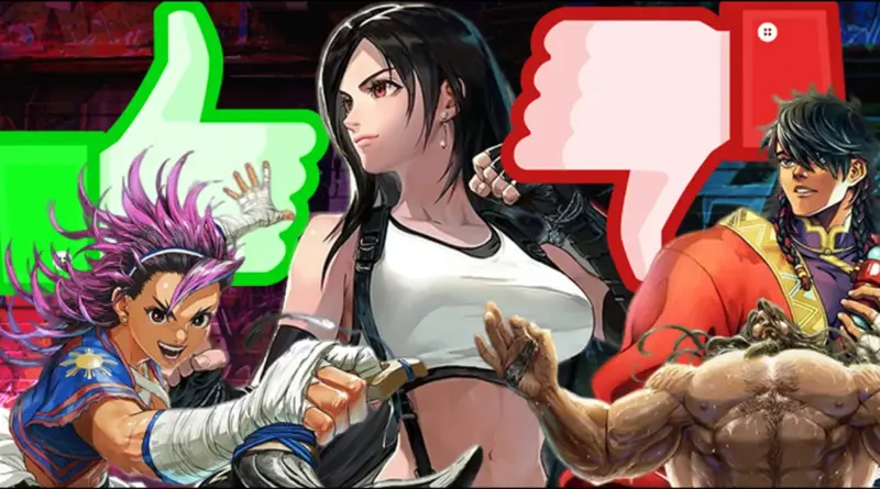 Dynamic fighting game collage: four anime-style fighters in action with a large green thumbs-up on the left and a red thumbs-down on the right.