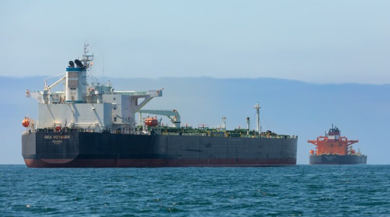 Large bulk carrier Sea Voyager in the foreground on calm blue sea, with a smaller orange vessel in the distance under a clear sky.