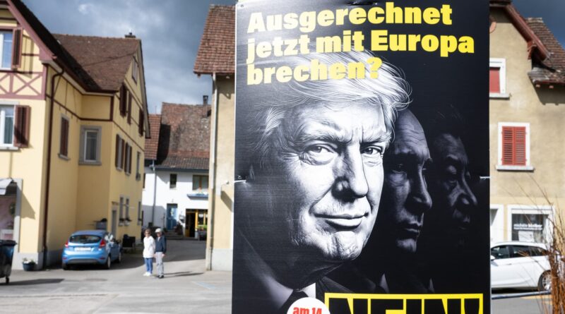 Large political poster on a street with bold yellow German text 'Ausgerechnet jetzt mit Europa brechen?' and a close-up portrait.