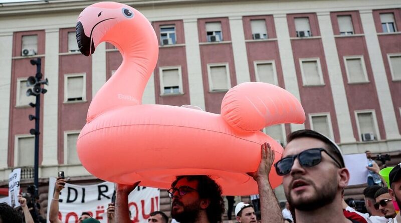 Large pink flamingo inflatable carried over a crowd at a street protest in front of a red-brick building,