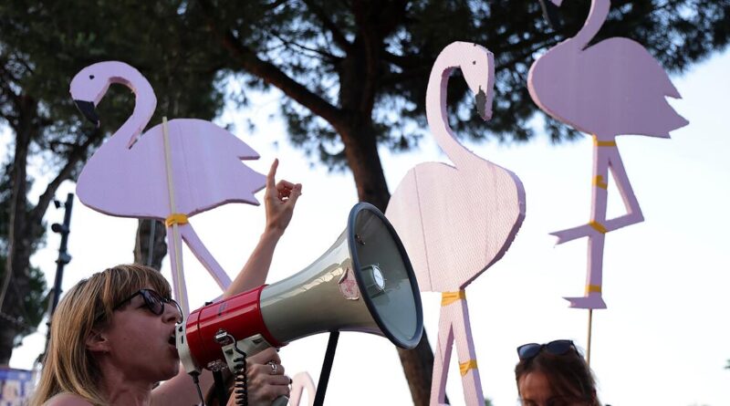 Woman wearing sunglasses shouts into a red megaphone at an outdoor event, with tall pink flamingo decorations in the background.