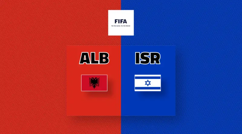 FIFA logo centered above red ALB panel and blue ISR panel with their flags and country codes ALB and ISR.