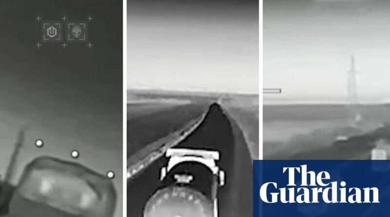 Three-panel grayscale drone view: left shows a car hood with targeting HUD overlays; middle is a curved highway ahead; right shows a distant landscape with a tall tower on the horizon (Guardian watermark bottom-right).