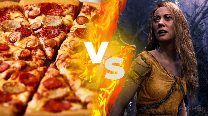 Close-up of pepperoni pizza on the left, a flaming 'VS' in the center, and a distressed woman in torn clothing on the right in a dark forest background.