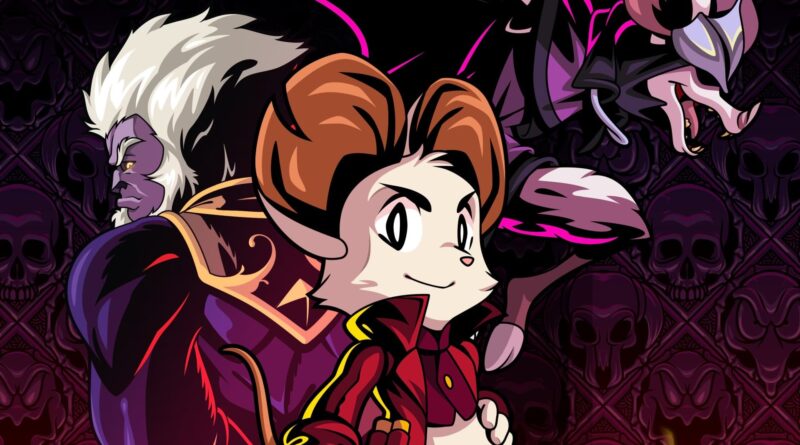 Heroic cartoon mouse in a red uniform and cape, smiling with two eerie creatures and a skull-patterned background.