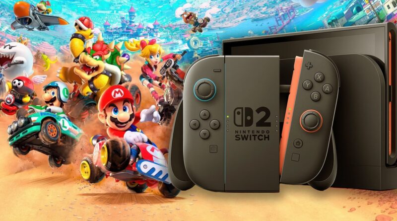 Nintendo Switch beside a vibrant Mario Kart racing scene with colorful kart racers charging forward on a dusty track.