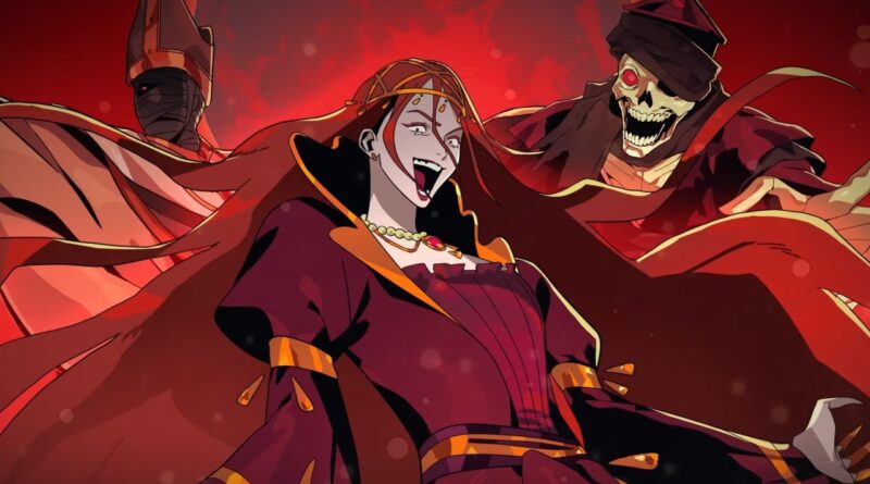 Two sinister figures in red and black, a woman in the foreground with a piercing grin, and a skeletal foe behind her in a fiery red scene.