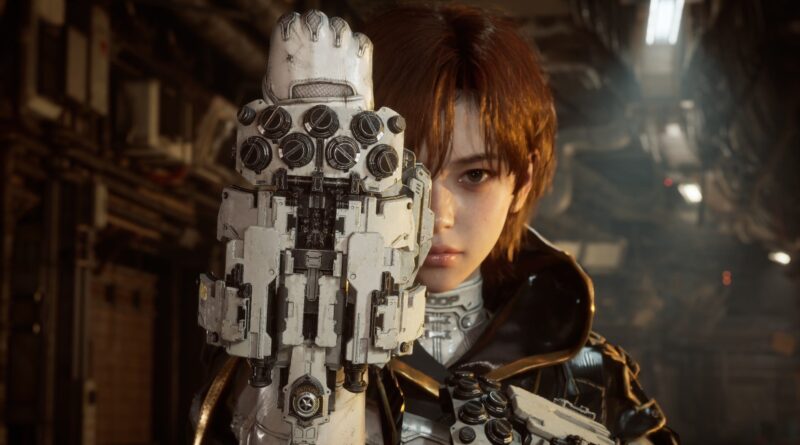 Person in a futuristic armored suit blocks their face with a large white robotic arm in a dim, industrial setting.